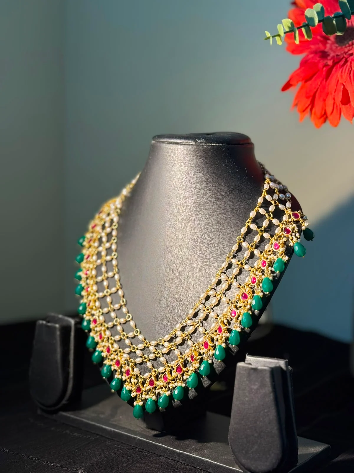 Latest Alankara layered pearl necklace with ruby stones and emerald-green drops