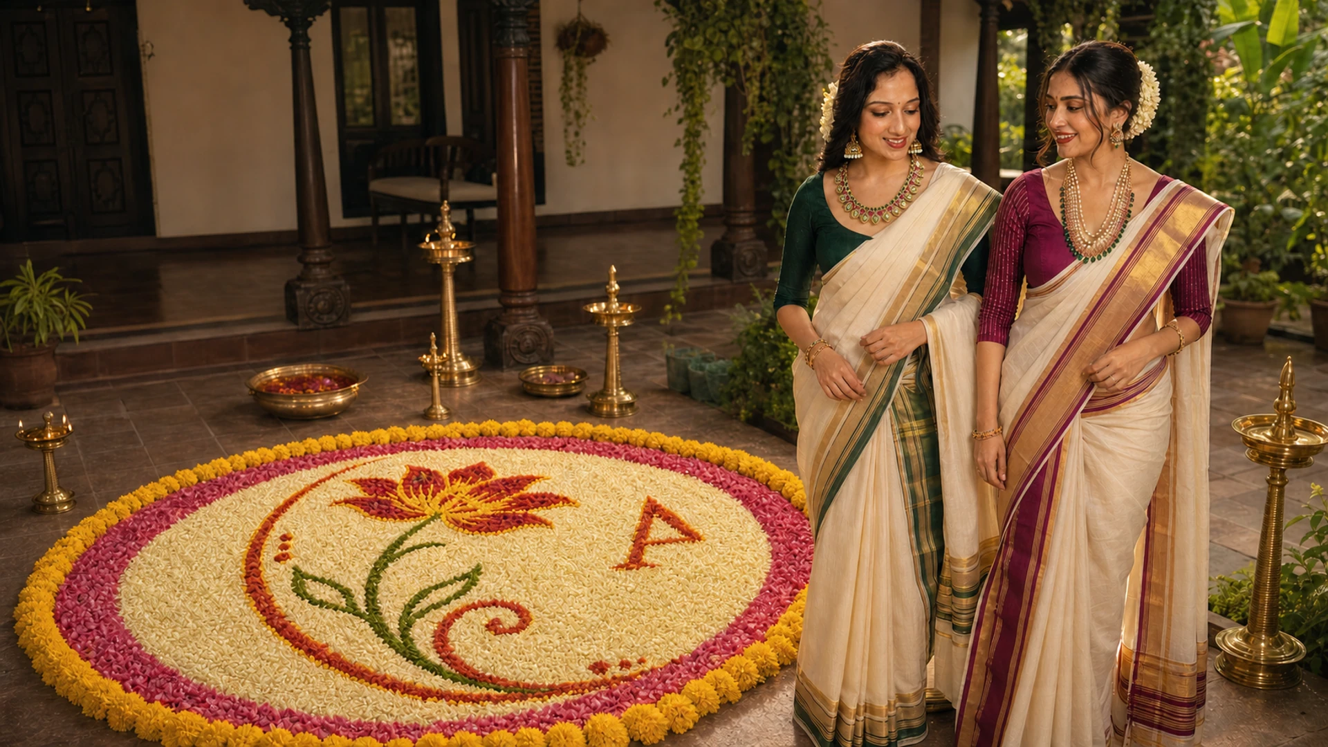 Two Alankara models in emerald and magenta set mundu wearing the latest Onam jewellery beside an Alankara-logo flower pookalam