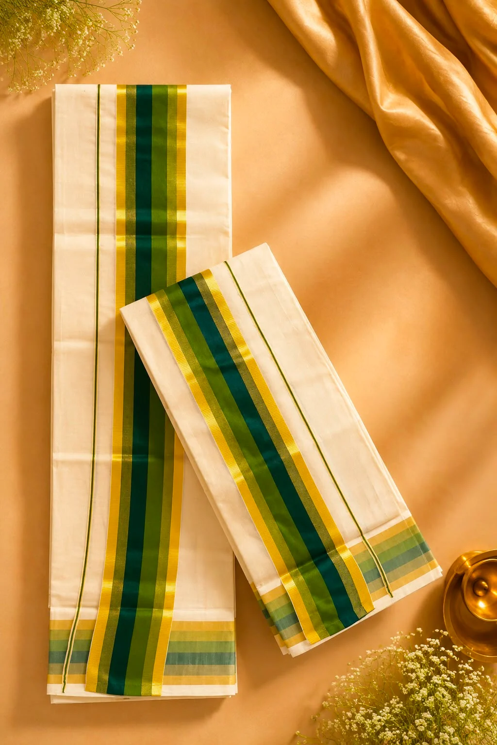 Ivory Kerala set mundu with emerald, forest-green and gold woven borders